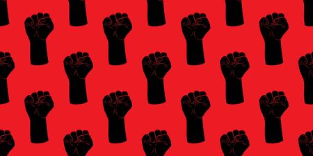 Raised fists silhouette seamless pattern. Vintage texture. Protest or revolution. Flat vector Illustration isolated on red background. textile, wallpaper design, wrapping paper or web.のイラスト素材