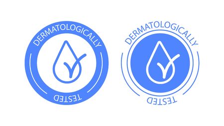 Dermatologically tested vector label with water drop logo. Dermatology test and dermatologist clinically proven icon for allergy free and healthy safe product package tag EPSのイラスト素材
