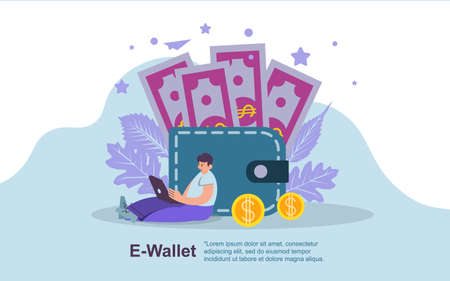 e-wallet technology payment concept with people and gold coin money pay use app or apps model - vector illustration EPSのイラスト素材