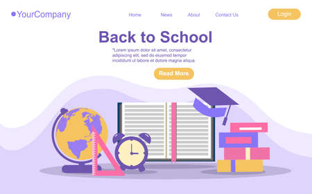 Back to school and education vector web template illustration with books, globe, dictionary. Back to School supplies website or landing.のイラスト素材