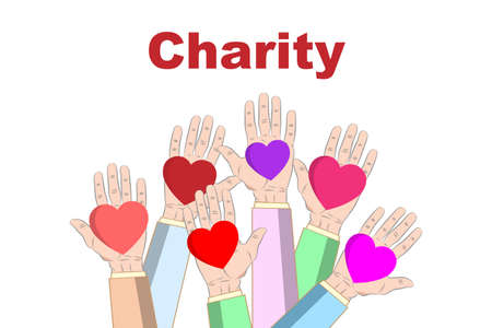 Concept of charity and donation. Give and share your love to people. Hands holding a heart symbol. Flat design, vector illustrationのイラスト素材