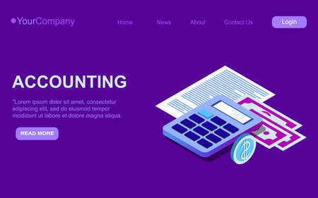 Accounting and audit isometric landing page template. Financial analytics report Consulting services website page design layout EPSのイラスト素材