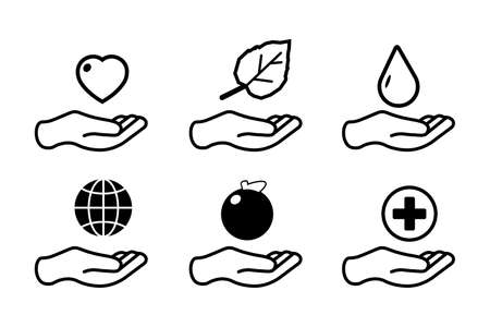 holding icons set. Set of 6 holding outline icons such as heart, water drop, hand with leaf, globe on hand, apple,のイラスト素材