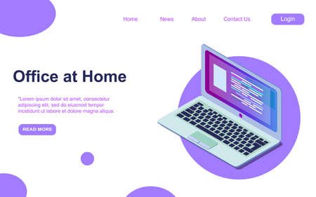 Office at home banner. Remote work concept. Vector landing page of home freelance using notebook, distant business with isometricのイラスト素材