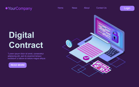 Electronic contract isometric web banner, e-signature on document at laptop screen digital signing service secured internet technology,のイラスト素材