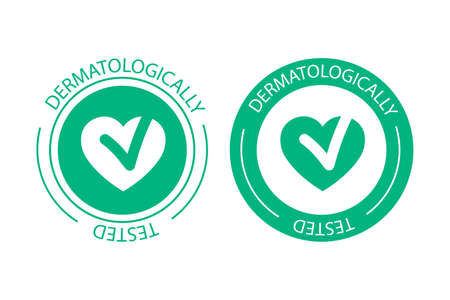 Dermatologically tested vector label logo. Dermatology test and dermatologist clinically proven icon for allergy free and healthy safe product package tagのイラスト素材