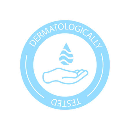 Dermatologically tested vector label with water drop, leaf and hand logo. Dermatology test and dermatologist clinically proven icon for allergy free and healthy safe product package tagのイラスト素材