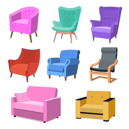 Set of modern colorful soft armchair with upholstery. Armchairs for room design games. Cushioned furniture, room decoration, interior design isolated on white. Vector illustration flat style. EPSのイラスト素材