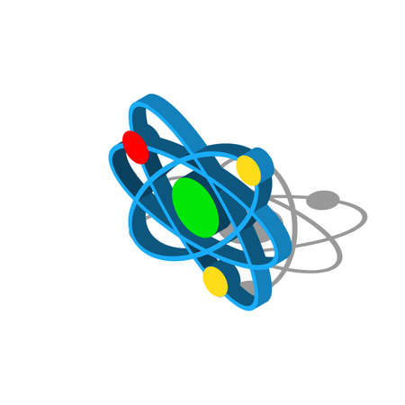 Isometric Atom icon isolated on white background. Symbol of science, education, nuclear physics, scientific research. Orange circle button. Vector Illustration EPSのイラスト素材