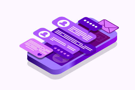 Isometric concept with mobile phone and chat. Chatting sending and receiving messages and sms. Online conversation. Social network. Vector illustration.のイラスト素材