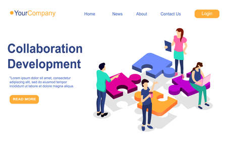 Business teamwork landing page. Puzzle elements with business people, leadership and collaboration. Vector web page construction team strategy for business developmentのイラスト素材