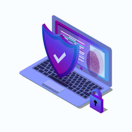 Cybersecurity isometric icon, data security concept, protected computer network, shield with laptop, safety cloud computing, data processing system, vector EPSのイラスト素材