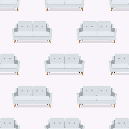 Seamless pattern. Sofa, armchair, couch on white background. Vector. Colorful set furniture in flat design. Cartoon illustration. EPSのイラスト素材