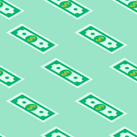 Seamless vector pattern of paper money on a green background, painted by hand.のイラスト素材
