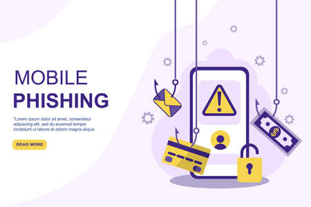 Phishing alert security mobile app, solution for personal data and finances secure from unauthorized access vector web banner. EPSのイラスト素材