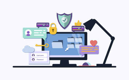 Office desk or table with computer. User interface. Application development and ui, ux Business workspace or interior. Workplace in flat style. Vector illustration. EPSのイラスト素材