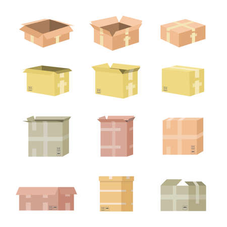 Set of cardboard box mockups. Isolated on white background. Vector carton packaging box images. EPSのイラスト素材