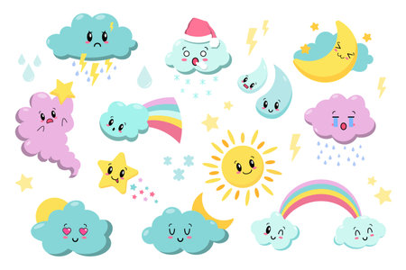 Cute kawaii weather icons. Clouds, rain, sun, stars, lightning, rainbow. Japanese cartoon manga style. Funny anime characters. Trendy vector illustration. Every icon is isolated on background EPSのイラスト素材