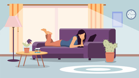 Vector cartoon illustration of Girl with a Laptop on a Sofa the woman lies on her stomach with laptop. Working or relax.のイラスト素材