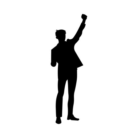 Man raised one hand up. Vector illustration of men with arms raised. Businessman in a suit rejoices in success. silhouettes isolated on a white background. Fun, emotional, festive.のイラスト素材