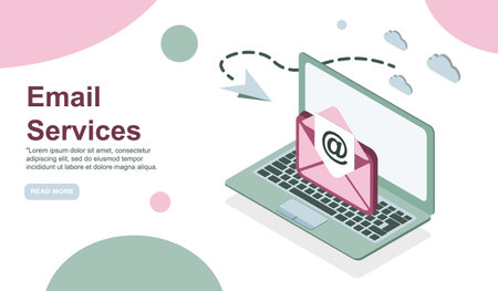 Web page design template. Email service isometric vector illustration. Webmail or mobile service layout for website landing header.のイラスト素材