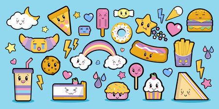 Fashion patch badges sweets with eyes in kawaii style elements on blue background, flat style objects for design. Funny food, characters for children, vector illustrationのイラスト素材