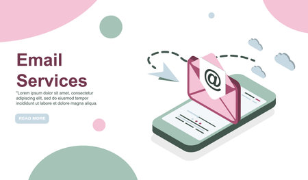 Web page design template. Email service isometric vector illustration. Webmail or mobile service layout for website landing header. EPS 10.のイラスト素材