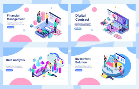 Set of Landing page design templates for Data Analysis, Digital Contract , Investment Solution and Financial Management. Easy to edit and customize. Modern Vector illustration concepts EPSのイラスト素材