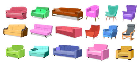 Set of sofa. Chairs and armchairs isolated against white background. Cartoon vector flat-style illustration EPSのイラスト素材