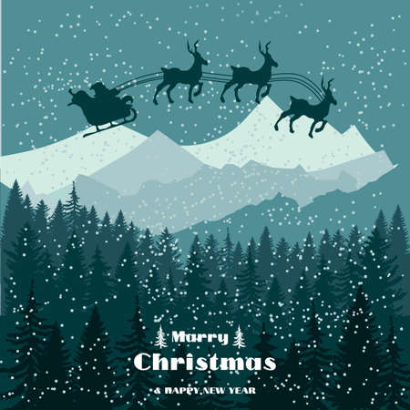 Santa Clause on deer sleigh flying over the forest in the night over the stars. Vector illustration.のイラスト素材