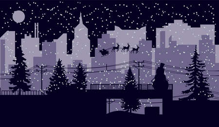 Santa Claus is coming in the town on a blue sky to wish you a Merry Christmas and Happy New Year. Vector illustration of winter image. EPSのイラスト素材