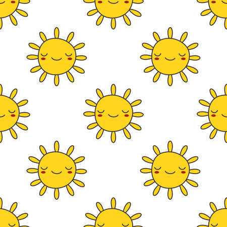 Cute vector pattern of SUN icons. Funny happy smiley suns. Bright and beautiful cartoon seamless pattern. EPSのイラスト素材