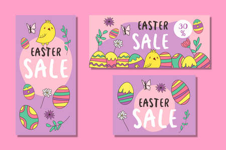 Easter sale posters or flyers design set with colorful eggs and spring flowers. Vector illustration. EPSのイラスト素材