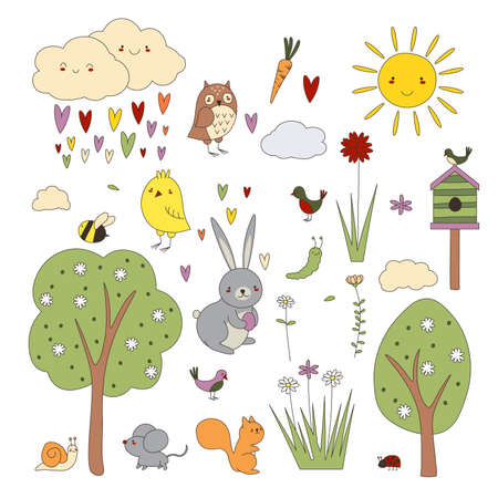Spring and Easter collection of cute animals, flowers and decorations. Perfect for poster, card, scrapbooking , tag, invitation, sticker kit. Hand drawn vector illustration. EPSのイラスト素材