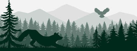 Wondering fox, forest background, silhouettes of trees. Magical misty landscape. Green illustration EPSのイラスト素材