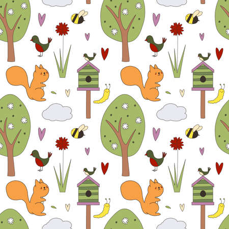 Seamless pattern of cute woodland animals and birds with autumn floral elementsのイラスト素材