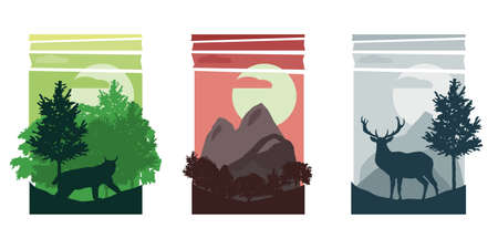 Set of abstract banners of wild animals in hills of forest with trunks of trees in different colors EPS vectorのイラスト素材