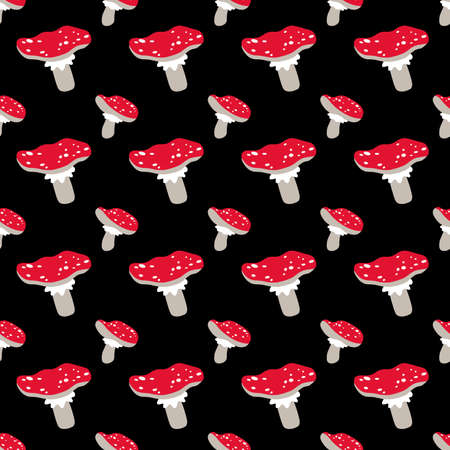 Seamless vector pattern with cute cartoon forest mushrooms fly agaric on a black background. Creative design for printing on fabric, Wallpaper and scrapbooking.のイラスト素材