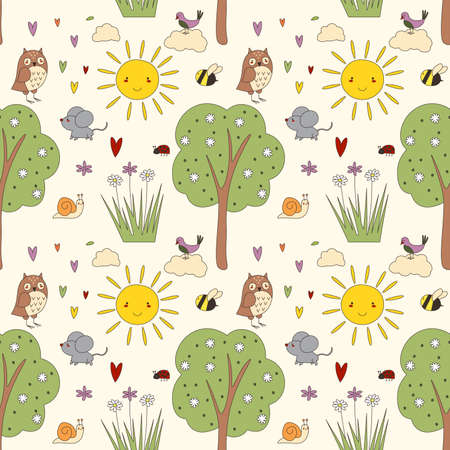 Seamless pattern of cute woodland animals and birds with autumn floral elements EPS