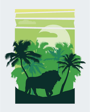 Silhouette of green lion and wild jungle, trees. EPSのイラスト素材