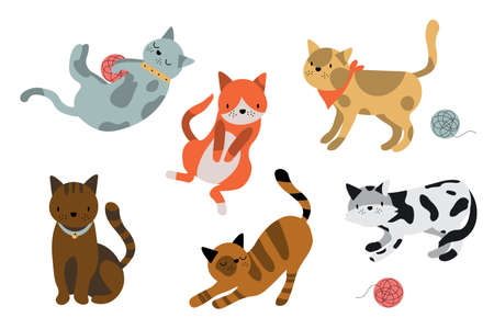 Set of icons with cats. Flat design vector. Variety breeds cats in different poses sitting, standing, stretching, playing, lying. For veterinary clinic, pet shop advertising. Collection of kittens EPSのイラスト素材