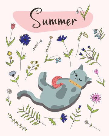 cat and flowers background invitation card vector illustration EPSのイラスト素材
