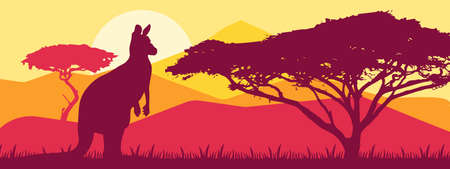 Australia kangaroo on landscape nature background. Wild animals in their natural habitat. Sunrise vector EPSのイラスト素材