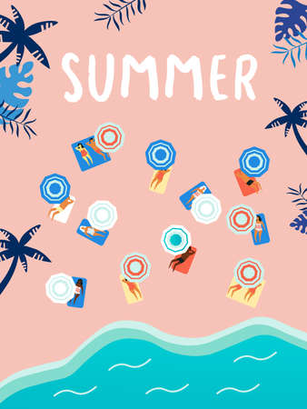 Vector summer beach with beach umbrellas, waves, coconut tree EPSのイラスト素材