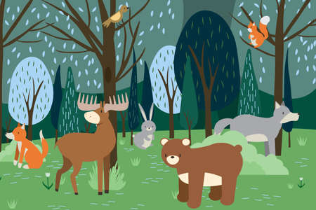 Cartoon forest animals. Wild bear, funny squirrel and cute birds on forests trees kids vector background illustration EPSのイラスト素材
