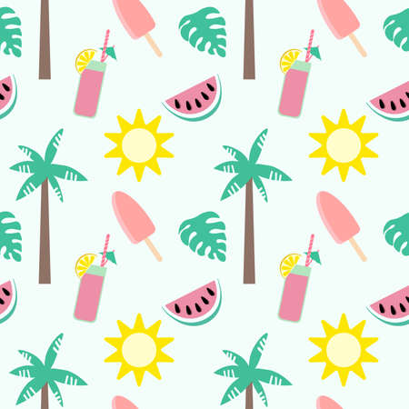 Cute seamless pattern with watermelon, lemon and palm in pastel colours. Summer print for textiles, wrapping paper and other designs. Vector flat illustration EPSのイラスト素材