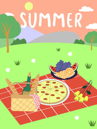 Cartoon Summer Picnic in Park Basket Card Background Text Summer . Flat Design Style. Vector illustration EPSのイラスト素材
