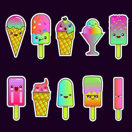 Big set of funny cheerful, friendly ice cream neon characters. Sweet kawaii smiling summer delicacy, tasty sundaes, gelatos with different tasties for kids designs and decorations. Vector EPS .のイラスト素材