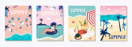 Set of vector summer travel banners with beach umbrellas, waves and surfing board EPSのイラスト素材