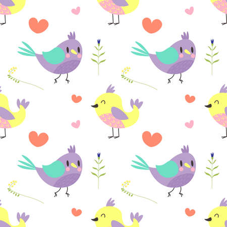Cute colorful birds on a dotted background seamless texture EPSのイラスト素材